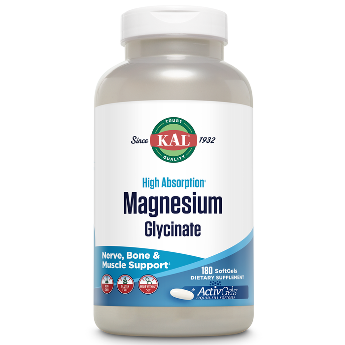 KAL Magnesium Glycinate ActivGels 315mg, Fully Chelated, High Absorption Magnesium Supplement for  Relaxation, Muscle & Bone Support, Non-GMO, Gluten Free, 60 Servings, 180 Softgels