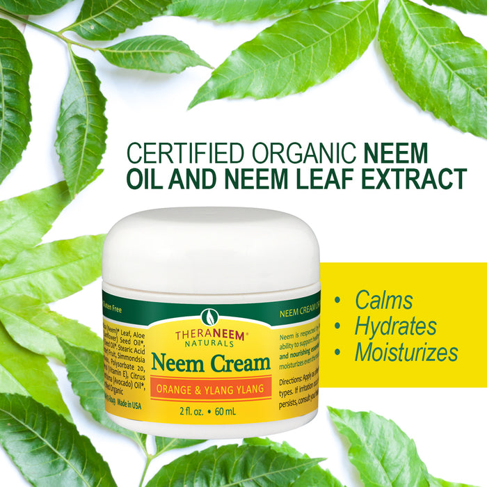 TheraNeem Naturals Neem Cream | Moisturizes Dry, Damaged & Sensitive Skin | Certified Organic Neem Oil & Leaf Extract | Orange & Ylang Ylang, 2 fl. oz