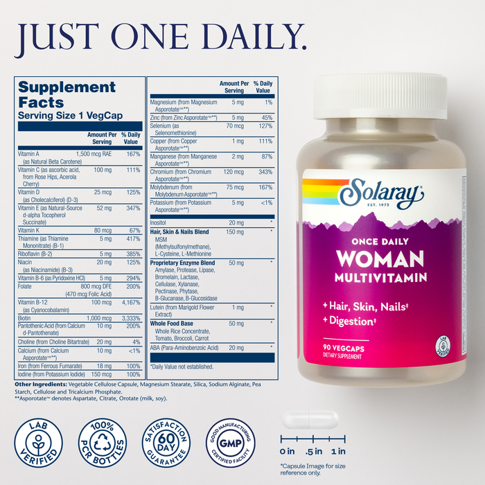 Solaray Once Daily Woman Multivitamin with Iron, Womens Multivitamin with Hair, Skin & Nails Blend, Enzyme Blend & Whole Food Base, Healthy Energy, Immune & Digestion Support, 90 Servings, 90 VegCaps