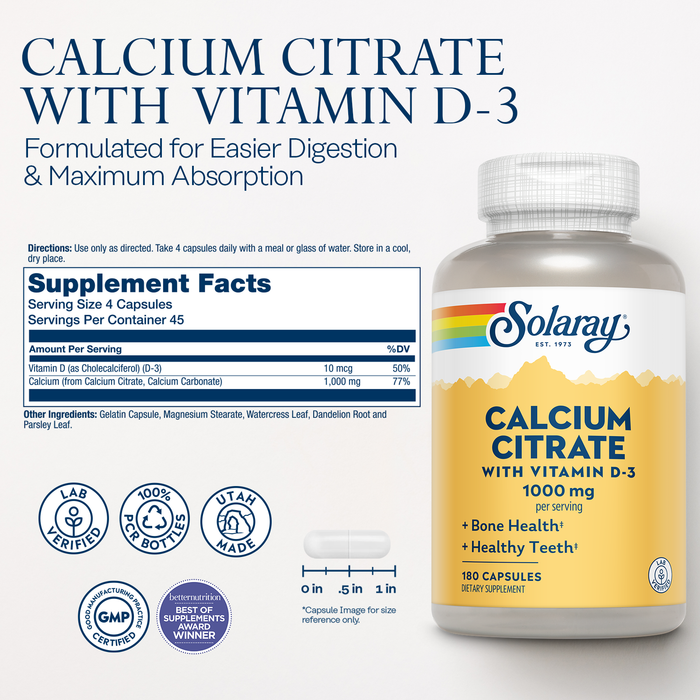 Solaray Calcium Citrate with Vitamin D3 1000mg - Bone Strength and Healthy Teeth Support - Gentle Digestion Formula - Lab Verified, 60-Day Guarantee - 30 Servings, 180 Capsules