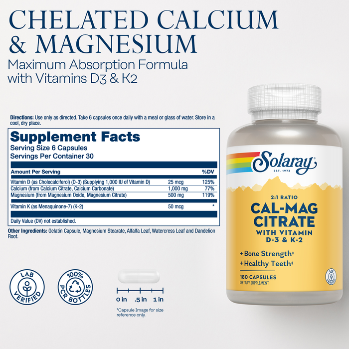 Solaray Cal-Mag Citrate 2:1 with D-3 & K-2 Capsules 180 Count