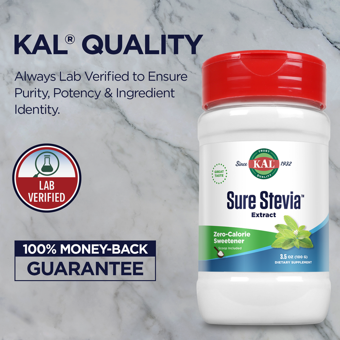 KAL Sure Stevia Extract, Organic Stevia Powder, Low Carb, Zero Calorie Sweetener, Keto Friendly, Great Taste, Low Glycemic, Vegan, Gluten Free, No Fillers, 60-Day Guarantee (3.5 oz)