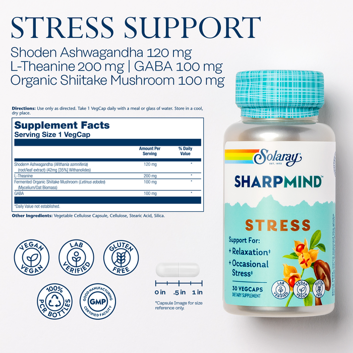 Solaray SharpMind Stress, Nootropic Mood Support Supplement for Relaxation and Occasional Stress Relief Support, Adaptogen with Ashwagandha, L Theanine, 60 Day Money Guarantee, 30 Serv 30 VegCaps