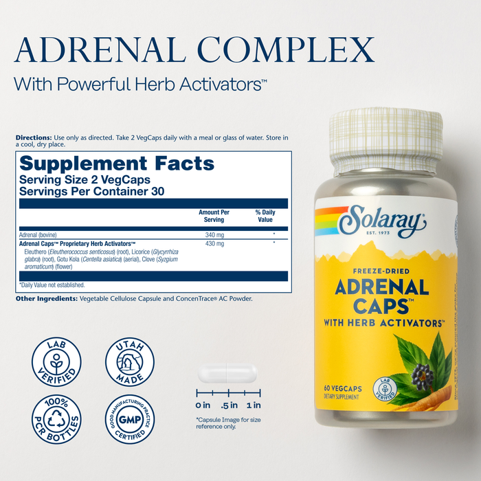 SOLARAY Adrenal Caps, Freeze-Dried - Wellness Support Adrenal Cocktail with Herb Activators Eleuthero, Gotu Kola, Licorice and Clove - Lab Verified, 60-Day Guarantee - 30 Servings, 60 VegCaps