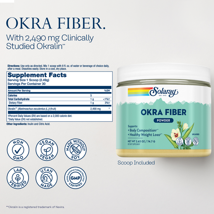 SOLARAY Okra Fiber Powder - Digestion Supplement - Supports Body Composition and Healthy Digestion - Helps Reduce Fat and Calorie Absorption - Unflavored, Gluten Free, Vegan - 30 Servings, 2.63oz