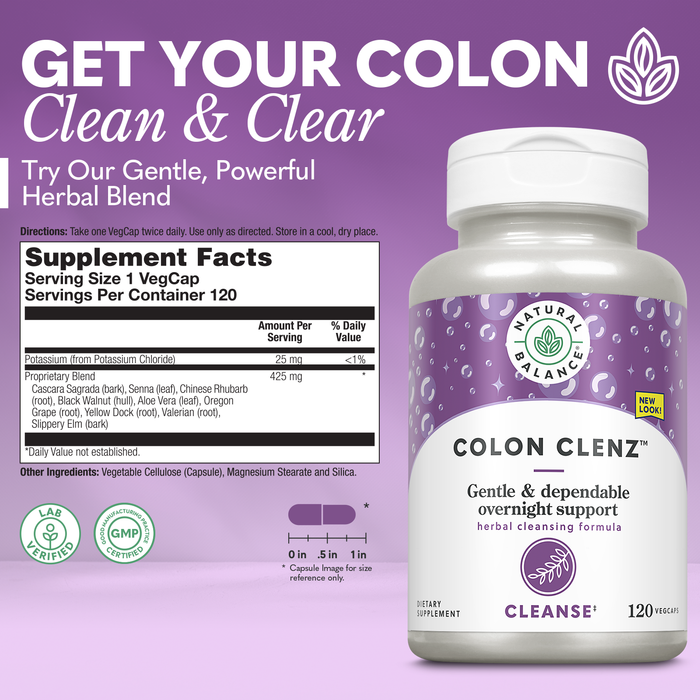 Natural Balance Colon Clenz | Herbal Colon Cleanse, Detox Cleanse, and Digestive Health Supplement - Gentle and Dependable Overnight Formula - 60-Day Guarantee (120 Servings, 120 VegCaps)