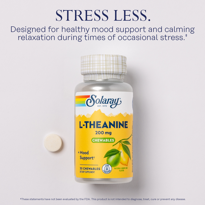 SOLARAY L Theanine 200mg, Mood Support Supplement with Vitamin B6 - Calming Support During Occasional Stress - Natural Lemon Lime Flavor - 60-Day Guarantee, Lab Verified - 30 Servings, 30 Chewables