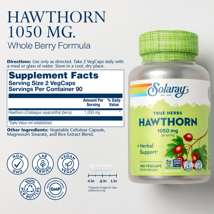 SOLARAY Hawthorn Berry Capsules 1050 mg - Soothing Herbal Support - Hawthorne Berry Supplement for Overall Wellness Support - Whole Berry, Vegan, Non-GMO, 60 Day Guarantee, 90 Servings, 180 VegCaps