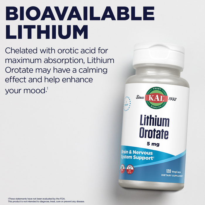 KAL Lithium Orotate 5mg, Low Dose Lithium Supplement for Brain, Nervous System and Mood Support, Chelated and Highly Bioavailable, Vegan, Organic Rice Extract Blend