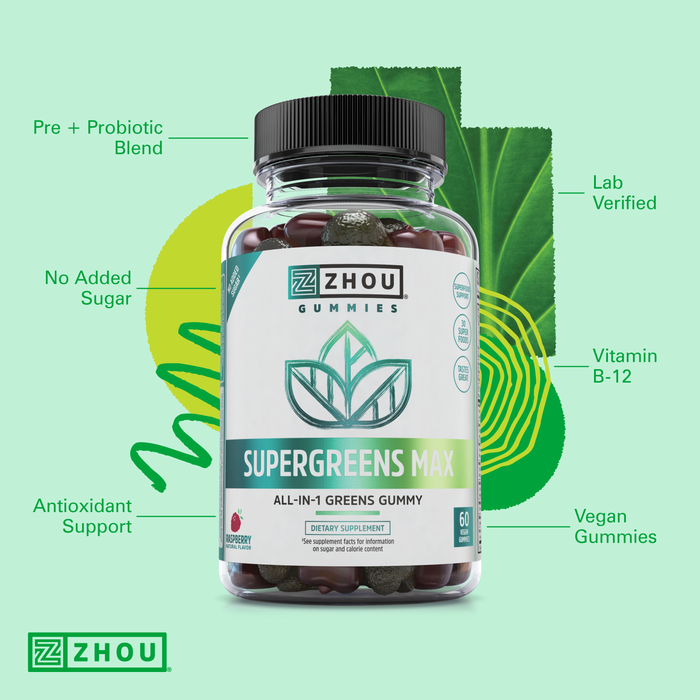 Zhou Supergreens Max Gummies, Greens Antioxidant Blend, Superfood Support Supplement, Digestion and Immune Health, Cellular Energy, Prebiotic and Probiotic Blend, No Added Sugar, 60 Vegan Gummies