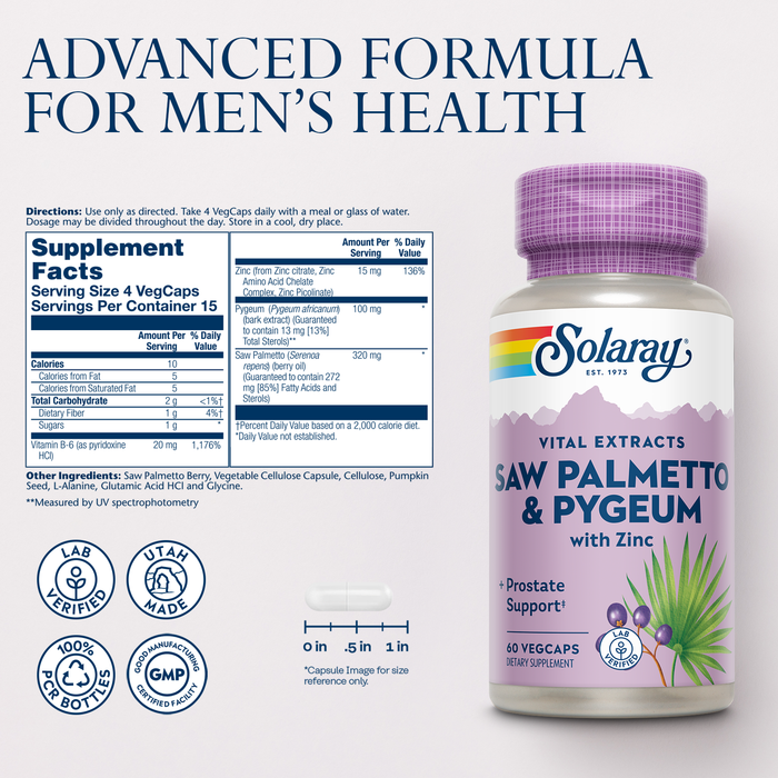 SOLARAY Saw Palmetto and Pygeum - Saw Palmetto for Men and Pygeum Bark - With Zinc, Vitamin B6, Pumpkin Seed and Amino Acids - Prostate Supplements for Men w/ Beta Sitosterol