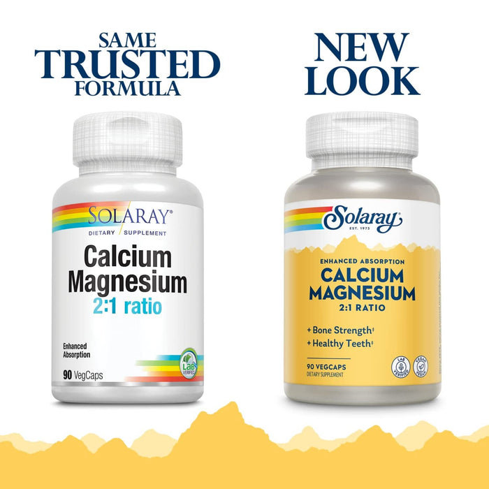 Solaray Enhanced Absorption Calcium Magnesium - 90 VegCaps - 2:1 Ratio - Supports Bone Strength & Healthy Teeth - Vegan