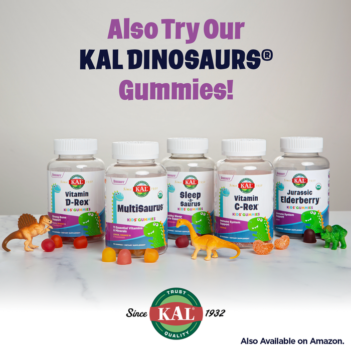 KAL ImmunoRaptor Kids Immune Support Chewables, Vitamin C and Zinc for Healthy Cell Function, Dinosaur Shaped, Orange Flavor, Gluten, Lactose, and Peanut-Free, Sweetened with Xylitol, 60 Servings