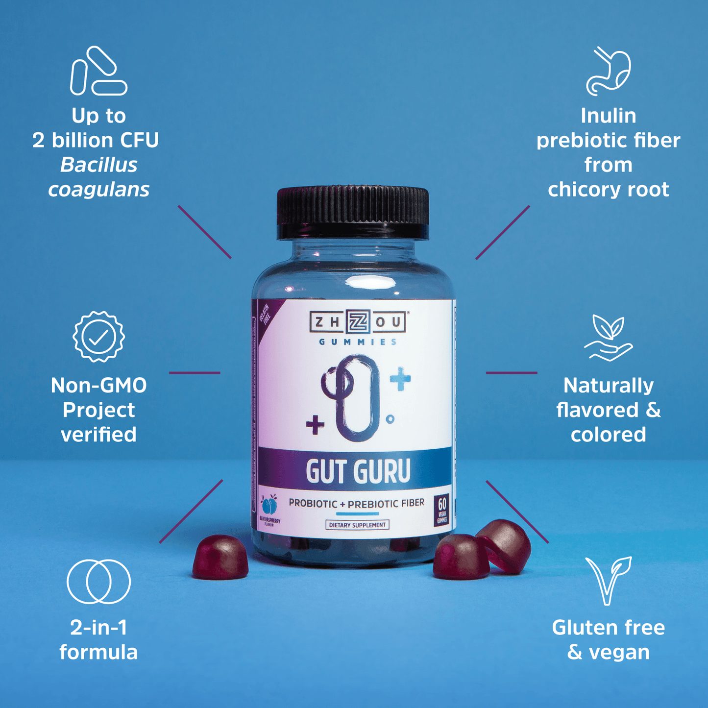 Up to 2 billion CFU bacillus coagulans. Inulin prebiotic fiber from chicory root. Non-GMO project verified. Naturally flavored & colored. 2-in-1 formula. Gluten free and vegan.