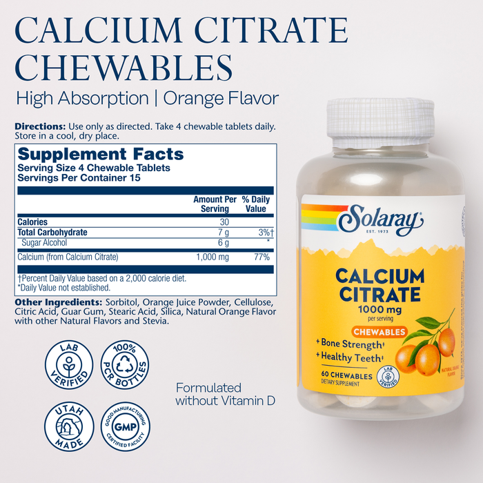 Solaray Calcium Citrate 1000 mg, Natural Orange Flavor Chelated Calcium Supplement for Bone Strength, Teeth, Nerve, Muscle, and Heart Function Support, 60-Day Guarantee, 15 Servings, 60 Chewables