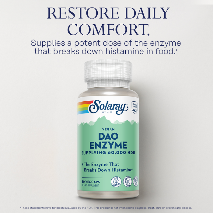 SOLARAY DAO Enzyme - Digestive Enzyme That Breaks Down Histamine - 60,000 HDU - Digestive Enzymes - Vegan, Gluten Free, Lab Verified - 30 Servings, 30 VegCaps