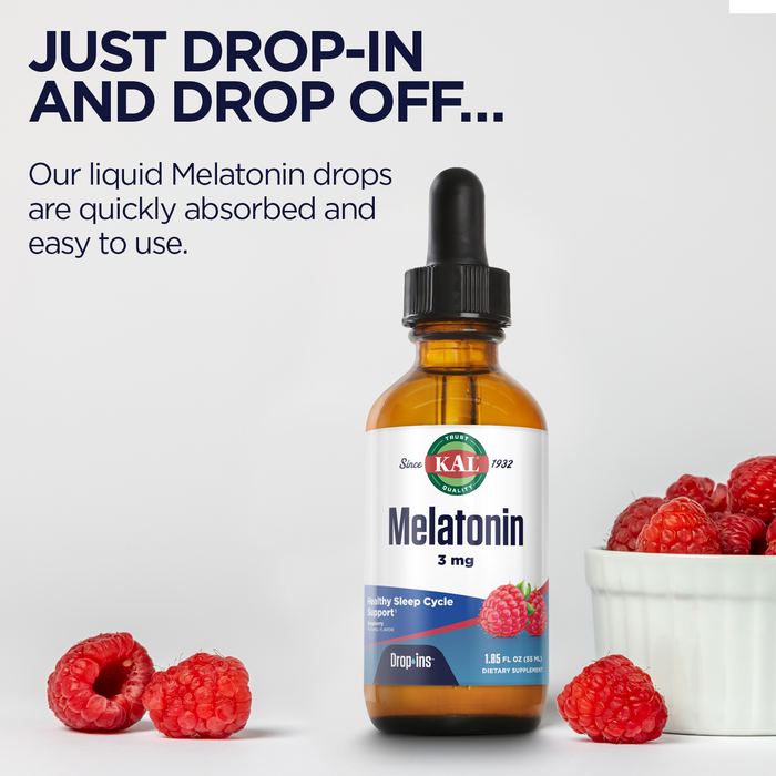 KAL Melatonin DropIns 3mg, Healthy Sleep Aid Support, Liquid Melatonin Drops for Optimal Absorption & Calming Relaxation Support, Fast Acting, Natural Raspberry Flavor, Approx. 55 Servings, 1.85oz