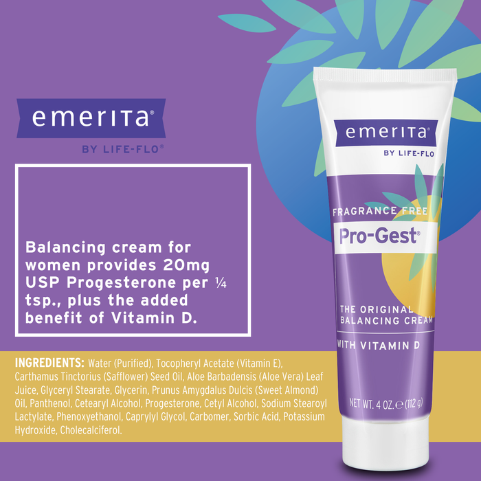 Emerita by Life-flo Pro-Gest Balancing Cream with Vitamin D - Progesterone Cream for Women - The Original Balancing Cream with USP Progesterone from Wild Yam - 60-Day Guarantee, Fragrance Free, 4oz