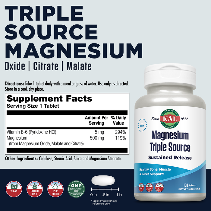 KAL Triple Source Magnesium Complex, Magnesium Citrate, Magnesium Malate, Magnesium Oxide, Sustained Release, Bone, Muscle, Nerve Support, Vegan, Gluten Free, 60-Day Guarantee, 100 Servings, 100 Tabs