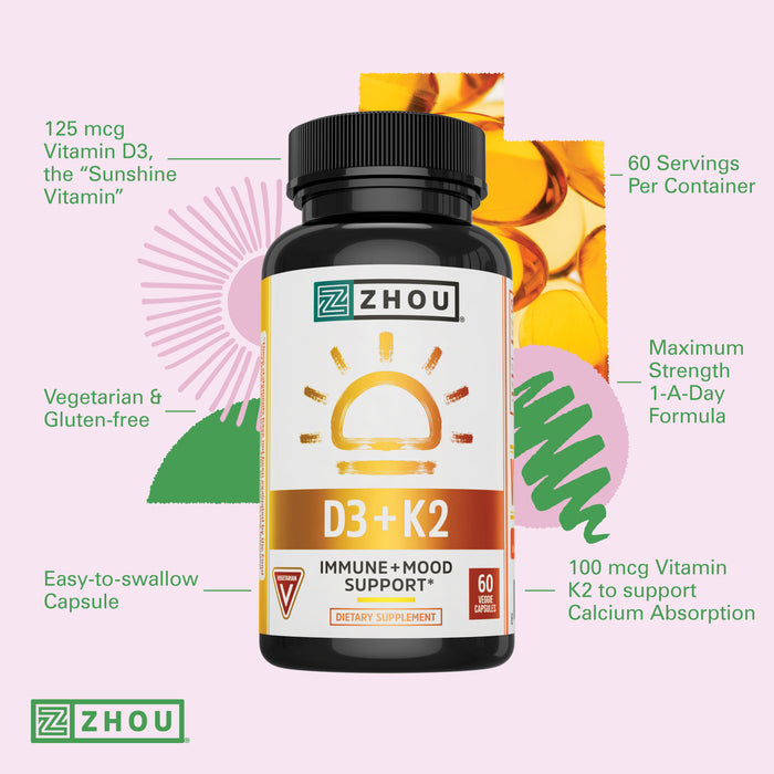 Zhou Nutrition Vitamin D3 K2, Bone and Heart Health Formula 5000 IU Vitamin D3 & 90 mcg Vitamin K2, Max Strength 2 in 1 Immune Support and Calcium Absorption, Gluten Free, 60 Count