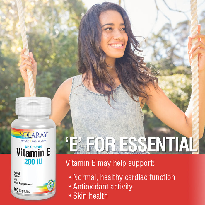 Solaray Vitamin E, Dry 200 IU w/ Mixed Tocopherols | Healthy Cardiac Function & Skin Health Support | 100ct