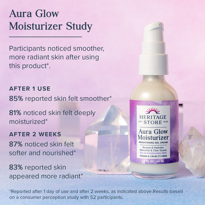 HERITAGE STORE Aura Glow Face Moisturizer for Dry Combination Skin - Gel Facial Moisturizer Brightens, Firms Skins Appearance, Adds Radiance w/ Bakuchiol, Clear Quartz, Vegan, 60-Day Guarantee, 1.9oz