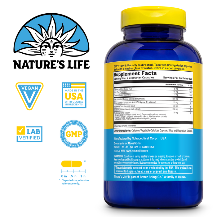 Nature's Life Prostate Maintain - Prostate Support Supplement for Men's Health - Saw Palmetto, Pygeum Herbal Complex and Zinc Supplements - 125 Servings, 250 Vegetarian Capsules