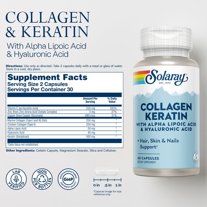 Solaray Collagen Keratin with Alpha Lipoic Acid and Hyaluronic Acid - Type I, II and III Collagen Pills - Hair, Skin, Nails, and Joint Health Support - 30 Servings, 60 Capsules