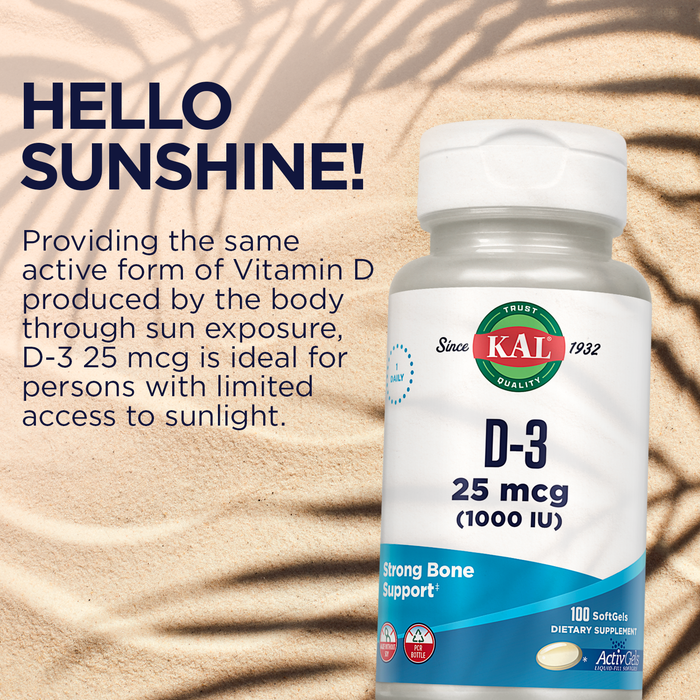 KAL Vitamin D3 1000 IU Softgels (25 mcg), Active Form of Vitamin D, Calcium Absorption, Bone Health, Immune Support Supplement, Liquid Filled ActivGel, Made Without Soy, 100 Servings, 100 Softgels