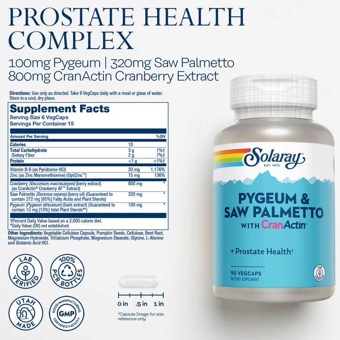 Solaray Pygeum and Saw Palmetto with CranActin - Prostate Health Supplement with Pygeum Bark, Saw Palmetto Extract and Cranberry Extract, Lab Verified, 60-Day Guarantee, 30 Servings, 180 VegCaps