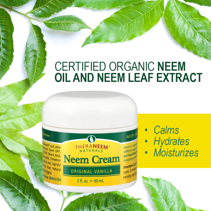 Theraneem Naturals Neem Cream | Moisturizes Dry, Damaged & Sensitive Skin | Certified Organic Neem Oil & Leaf Extract | Original Vanilla, 2 fl. oz