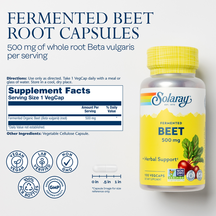 Solaray Fermented Beet Root Extract from Organic Beets - Beet Root Capsules Traditionally Used for Energy, Endurance, Blood Flow, Heart Health Support - Vegan, Non-GMO, 60-Day Guarantee, 100 VegCaps