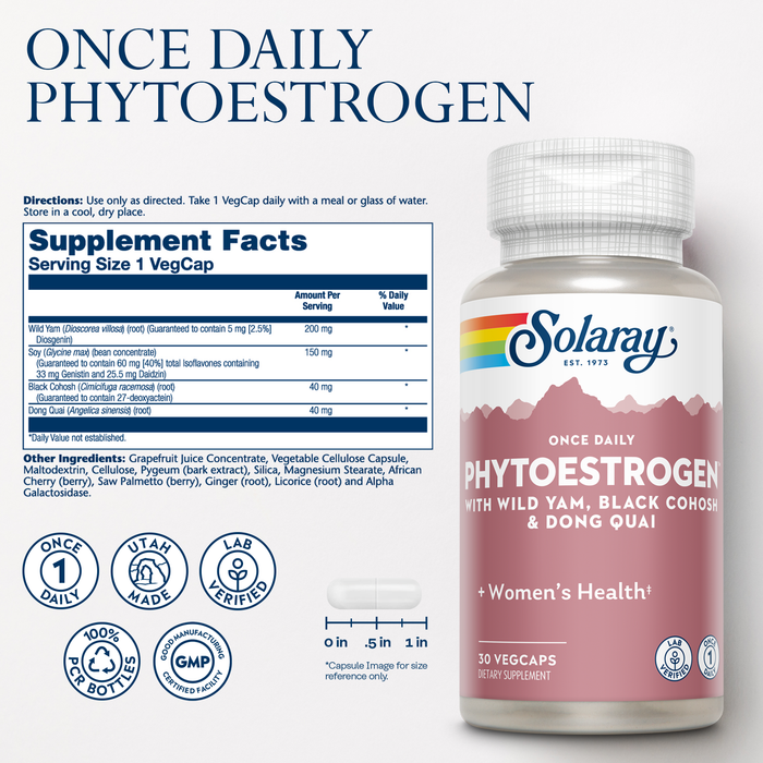 Solaray Once Daily Phytoestrogen - Phyto Estrogen Supplement for Women with Black Cohosh, Dong Quai, Wild Yam, Soy Isoflavones - Women's Health Support - 60-Day Guarantee, 30 Servings, 30 VegCaps