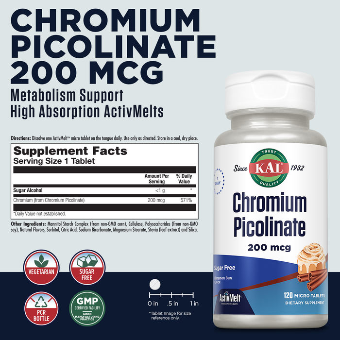 KAL Chromium Picolinate 200mcg Supplement, Fast Dissolving ActivMelts for Enhanced Absorption, Vegetarian, Cinnamon Bun Flavor, 120 Servings, 120 Micro Tablets