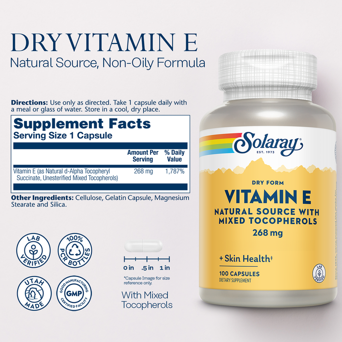 SOLARAY Vitamin E 400 IU (268mg), Dry Form - Natural Source, Mixed Tocopherols Vitamin E - Antioxidant Supplement, PMS and Menopause Support - 60-Day Guarantee, Lab Verified - 100 Serv, 100 Capsules