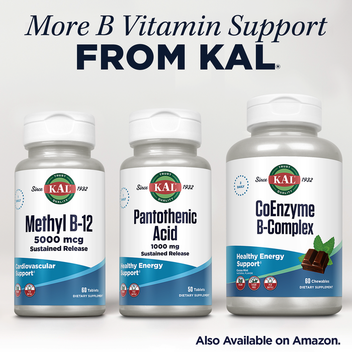 KAL Pantothenic Acid 1000mg, Sustained Release Vitamin B5 - Energy Supplements - Supports Metabolism of Carbs, Fat and Protein, Hair and Skin Health, Vegan, 60-Day Guarantee, 50 Servings, 50 Tablets