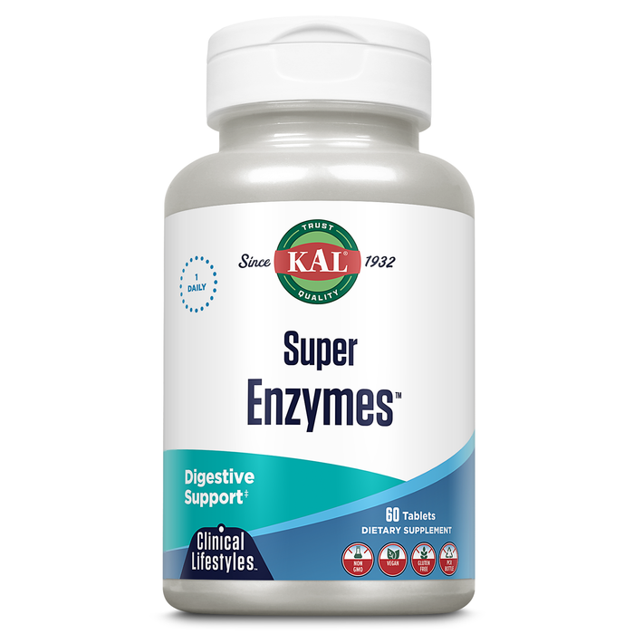 KAL Super Enzymes - Digestive Enzymes Tablets - Gut Health Supplements with Betaine HCl, Bromelain, Papaya Enzyme, Peppermint and Ginger, Gluten Free, Vegan, 60-Day Guarantee, 60 Servings, 60 Tablets