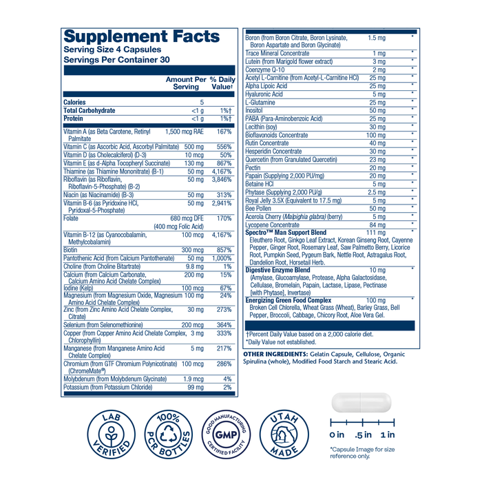 Solaray Spectro Multivitamin for Men, Men's Multivitamin for Energy and Overall Wellness with Saw Palmetto, Pumpkin Seed, Digestive Enzymes, and More, 60-Day Guarantee, 30 Servings, 120 Capsules