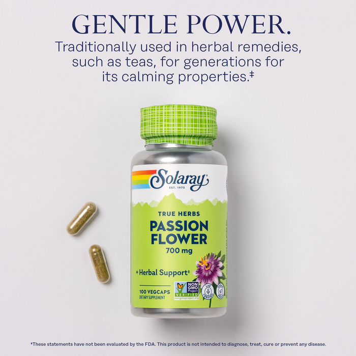 SOLARAY Passion Flower 700 mg Whole Aerial - Soothing Herbal Support - Passion Flower Capsules - Vegan, Non-GMO, 60-Day Guarantee, Lab Verified - 50 Servings, 100 VegCaps