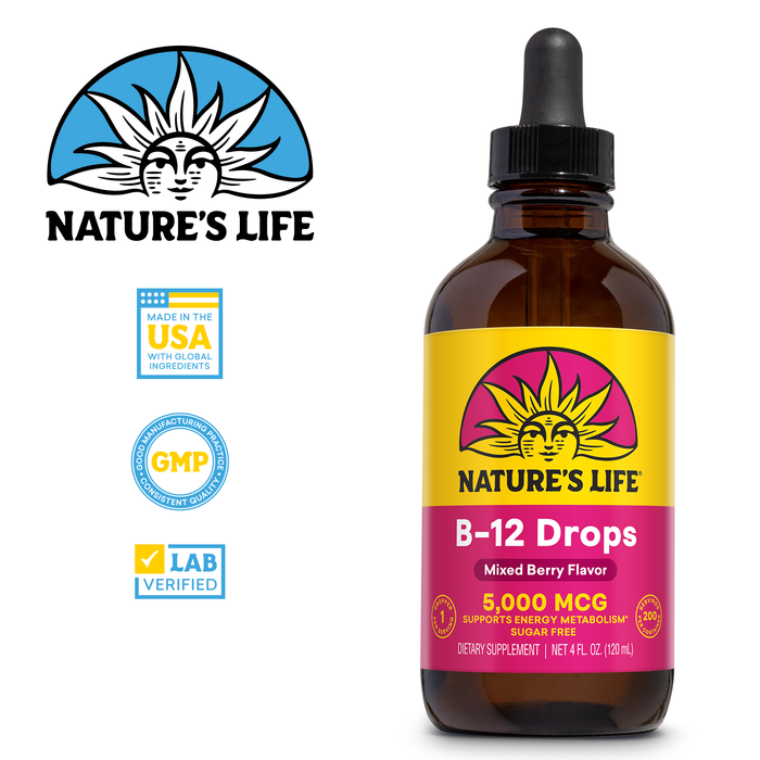 NATURE'S LIFE B12 Drops 5000 mcg - Vitamin B12 Methylcobalamin - Liquid B12 Supplement for Energy Metabolism, Nerve Function and Red Blood Cell Support – Natural Mixed Berry, Sugar Free