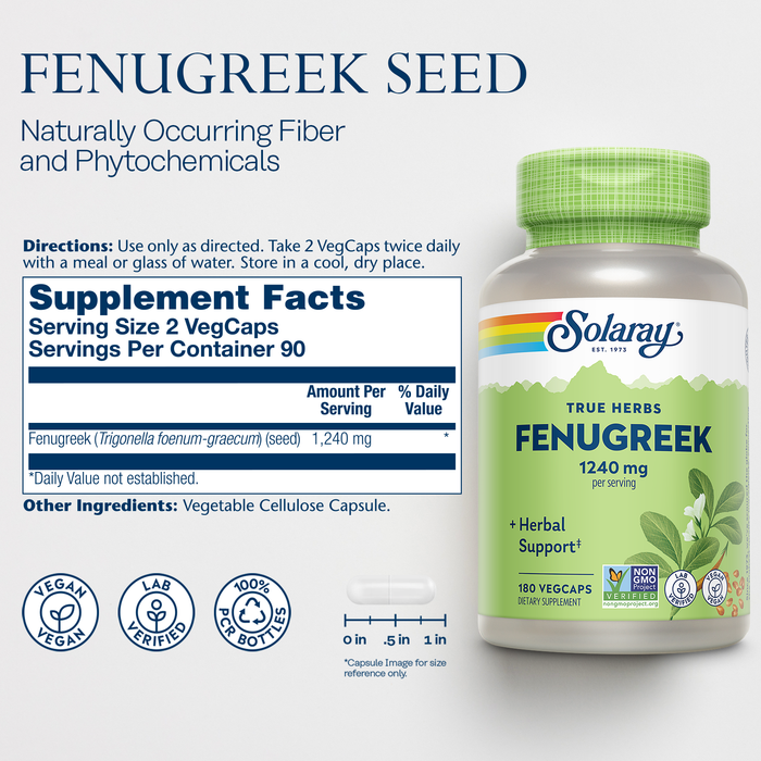 Solaray Fenugreek Seed 1240 mg, Healthy Digestion Support and More, Vegan and Lab Verified for Quality, 90 Servings, 180 VegCaps