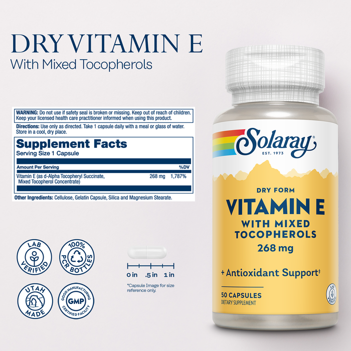 SOLARAY Vitamin E 400 IU (268mg), Dry Form with Mixed Tocopherols Vitamin E - Antioxidant Supplement, PMS and Menopause Support - 60-Day Guarantee, Lab Verified - 50 Servings, 50 Capsules