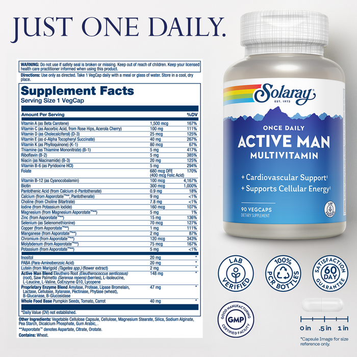 Solaray Once Daily Active Man Multivitamin & Mineral, Multivitamin for Cardiovascular, Support, Energy & Focus, Digestive Enzyme Blend, Amino Acids and Whole Food Base, 90 Servings, 90 VegCaps