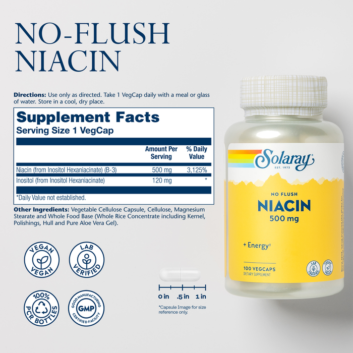 Solaray No Flush Niacin 500mg, Flush-Free Vitamin B3 Niacin, Energy and Circulatory System Support, Vegan, Lab Verified, 60-Day Money-Back Guarantee, 100 Servings, 100 VegCaps