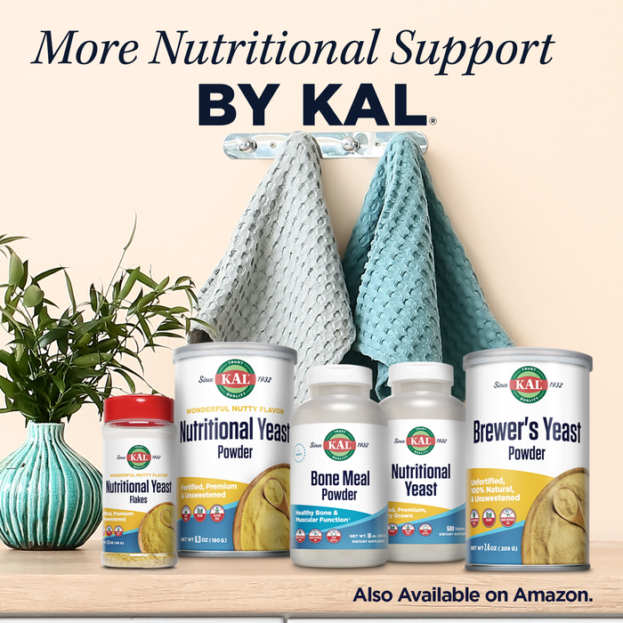 KAL Nutritional Yeast Powder, Fortified with B6, B12, Folic Acid and Other B Vitamins, Premium and Unsweetened, Great Nutty Flavor, Vegan, Gluten Free, Non-GMO, 60-Day Guarantee, 20 Servings, 6.3oz