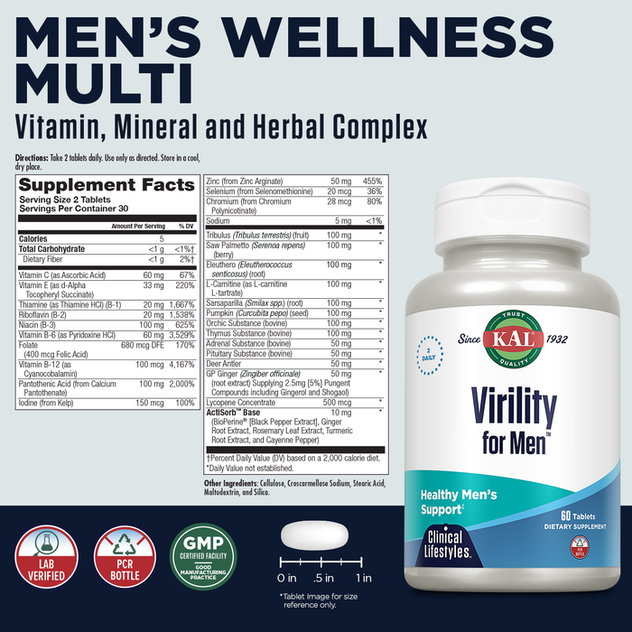 KAL Virility for Men, Men's Wellness Formula for Energy and Stamina, Prostate Support, with B Vitamins, Tribulus Terrestris, Saw Palmetto, 60-Day Guarantee, 30 Serv, 60 Tablets