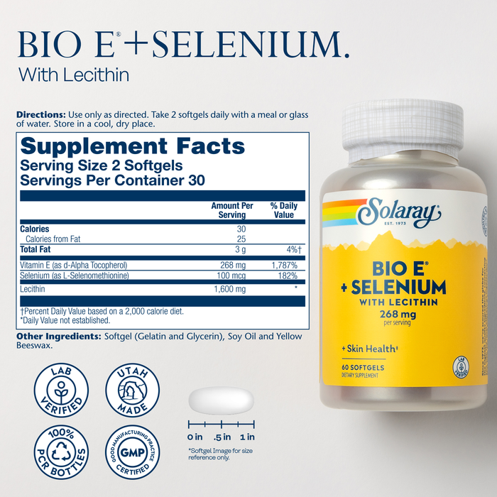 Bio Vitamin E 400 IU (268 mg) with Selenium 100 mcg and Lecithin - Thyroid Support, Antioxidant and Immune Support Supplement, High Absorption, Lab Verified, 60-Day Guarantee, 30 Servings, 60 Softgels