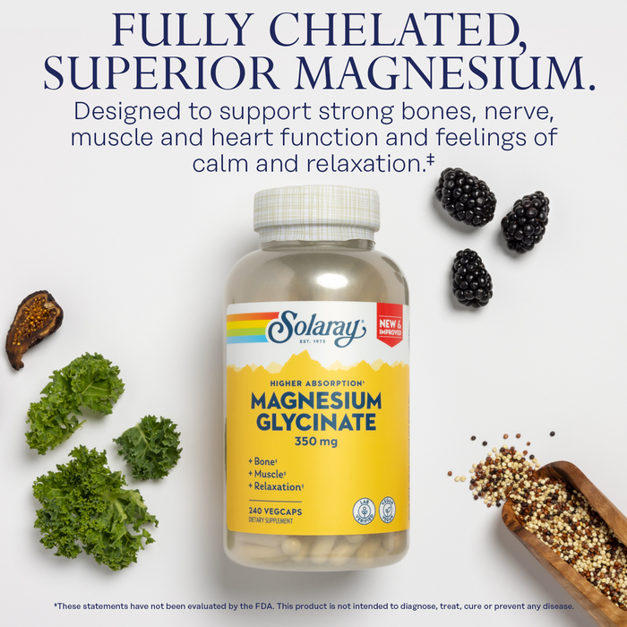 SOLARAY Magnesium Glycinate Capsules, Chelated Magnesium Bisglycinate w/ BioPerine, Higher Absorption Magnesium Supplement - Bones, Muscles, Heart Support, Vegan