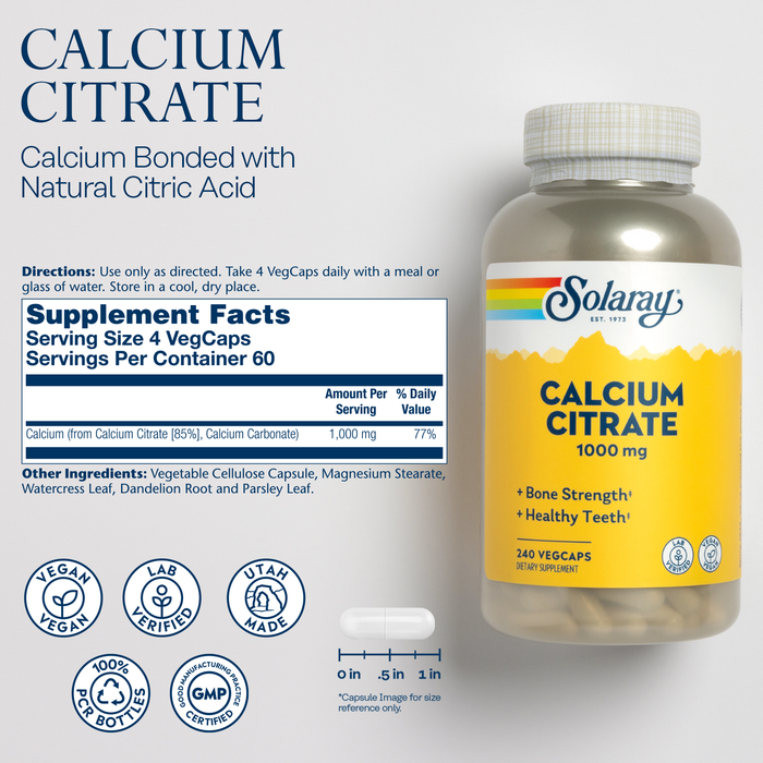 Solaray Calcium Citrate 1000mg - Chelated Calcium Supplement - Supports Bone Strength and Healthy Teeth - Easy to Digest - 60-Day Guarantee, Vegan - 60 Servings, 240 VegCaps (240 Count (Pack of 1))