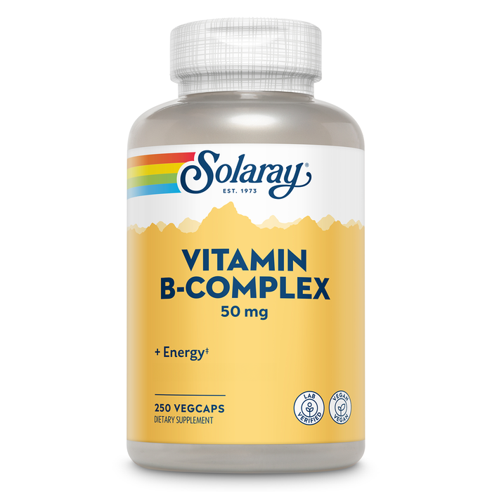 SOLARAY Vitamin B Complex 50 mg - Cellular Energy Vitamins - Metabolism and Nerve Health Support with Vitamin B12, Vitamin B1, B6, Niacin, Folic Acid, Biotin and Other B Vitamins - Vegan, 250 VegCaps